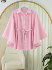 Resim Önü Çiçek Detaylı Beli Bağcıklı Düğmeli Panço Pembe 