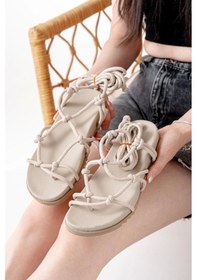 Resim Bej Bilekten Bağcıklı Kadın Sandalet Bej 