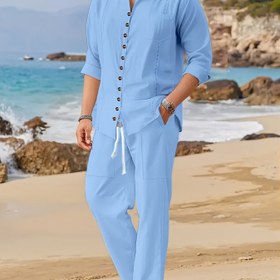 Resim Erkekler için Bahar ve Sonbahar Pamuklu Küba Tarzı Günlük Takım Elbise, Moda Plaj İki Parçalı Set 