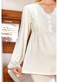 Resim Cossy By Aqua 24159 Kadın Hamile Lohusa Uzun Kollu Pijama Takımı-krem 