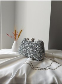 Resim Vivazzaluxe Kristal Taşlı Kadın Abiye, Clutch Çanta Gümüş 
