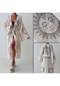 Resim Karakalem Astroloji Güneş Desenli Kemerli Püsküllü Doğal Kumaşlı Bohem Sahil Kimono Kaftan Bej Bej 
