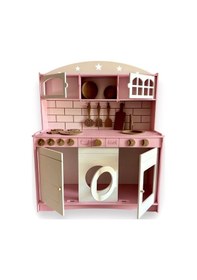 Resim Ahşap Büyük Boy Pembe-beyaz Montessori Mutfak Oyuncak Set 