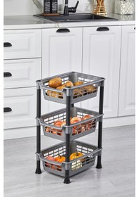 Resim 3 Katlı Plastik Sebzelik Patates Soğanlık Mutfak Düzenleyici Saklama Rafı, Sebze Meyve Organizer Gri 