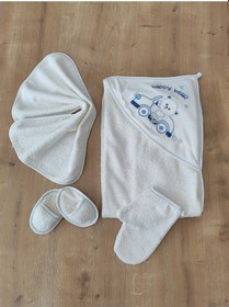 Resim Tomuycuk 20'li Erkek Bebek Hastane Çıkışı Havlu %100 Pamuklu Ayıcık Nakışlı Hediyelik Mevsimlik Yenidoğan Ekru 