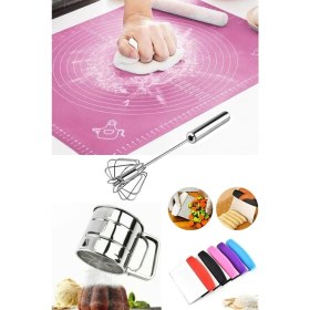 Resim Hamur Pasta Börek Seti; Hamur Matı, Otomatik Çırpıcı, Hamur Spatulası, Un Şeker Elek 