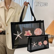 Resim 1 Set of 2pcs Siyah Mesh Kadın Tote Çantaları, Büyük Kapasiteli Plaj Depolama Çantaları, Plaj, Deniz Kabukları ve Kurdele Desenleri ile, Seyahat Taşınabilir Makyaj Çantaları, Çok Fonksiyonlu Açık Hava Depolama Çantaları, Tuvalet Çantaları, Yaz Gereksinimleri için, Plaj Tatilleri, İş Seyahatleri, Alışveriş, Aile ve Arkadaşlar için Hediye, Sezon Dönüşü 
