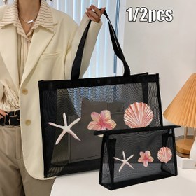 Resim 1 Set of 2pcs Siyah Mesh Kadın Tote Çantaları, Büyük Kapasiteli Plaj Depolama Çantaları, Plaj, Deniz Kabukları ve Kurdele Desenleri ile, Seyahat Taşınabilir Makyaj Çantaları, Çok Fonksiyonlu Açık Hava Depolama Çantaları, Tuvalet Çantaları, Yaz Gereksinimleri için, Plaj Tatilleri, İş Seyahatleri, Alışveriş, Aile ve Arkadaşlar için Hediye, Sezon Dönüşü 