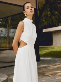 Resim Fashion Cocktail Minik Boyun Detay Pencereli Bel Kolsuz Dizaltı Midi Sahil Yazlık Viskon Elbise Bej 