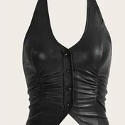 Resim Kadın Modası Halter Boyun Kolsuz Üst - Siyah, V-Yaka, Ön Düğmelerle Ruched Tasarım, Tüm Mevsimler İçin Çok Yönlü Üst|Ruched Üst|V-Yaka Üst 