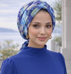 Resim Aişe tesettür Mavi Turkuaz Çiçek Desenli Tokalı Bone 