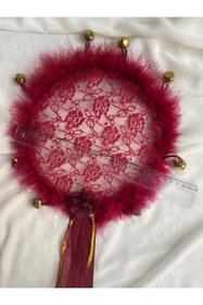 Resim LE FANTASİA 1Adet Tüylü & Dantelli Gelin kına Tefi 24cm Çap - BORDO&GOLD 