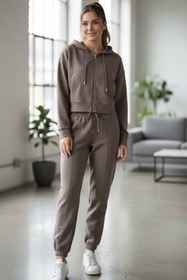 Resim vynor atelier Kadın Fermuarlı Kapüşonlu Crop Eşofman Takımı - Rahat Kesim Street Style İpeksi Kumaş 