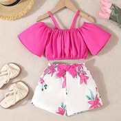 Resim Kızlar İçin Yaz Tatili Kıyafeti: Omuzları Açık Çiçekli Kısa Üst & Moda Şort Takımı - Nefes Alabilen Polyester, Esnemez Kumaş, Dış Mekanlar İçin Mükemmel 