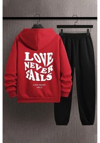 Resim Love Never Fails Baskılı Eşofman Takımı Kırmızı 