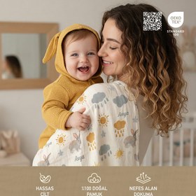 Resim Kişiye Özel Tavşanlı %100 Pamuk Çift Katlı Müslin Örtü - 100x100 cm 