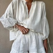 Resim Kadın Linen Düz Renk Rahat 2 Parça Set, Kollu Cuff Drawstring V-Yaka Gömlek + Elastik Bel Rahat Şort Zarif Hedefli Stil 
