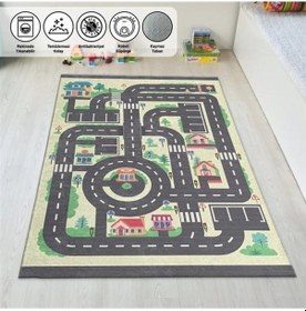 Resim Çocuk Bebek Odası Oyun Halısı Trafik Temalı Sarı Gri Halı Kaymaz Taban Yıkanabilir Sarı 