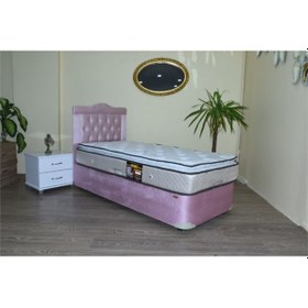 Resim Baza Yatak Başlık Tay Tüyü Pembe Model Silinir Kapitone başlık Metal Fırın Boya Pamuk kumaş pedli yatak 100*200cm El Yapım 