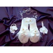 Resim MİMES Kadın Beyaz Orkide Taç Terlik Bileklik Seti – Lohusa Seti 