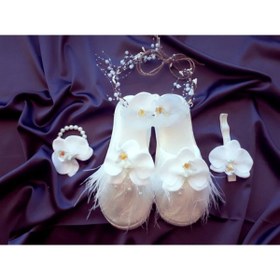 Resim MİMES Kadın Beyaz Orkide Taç Terlik Bileklik Seti – Lohusa Seti 