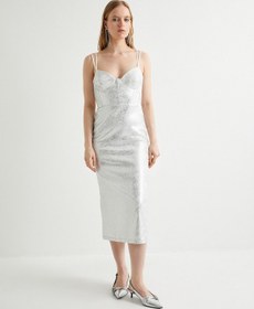 Resim Koton Midi Askılı Abiye Elbise Bridal Kalp Yaka Metalik Varak Baskılı Kırık Beyaz 4sak80134fk Ekru 