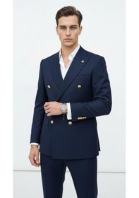 Resim Plus Scorpion Gold Düğmeli Kruvaze Erkek Blazer Ceket Premium Kumaş, Slim Fit Şıklık Koyu Lacivert 