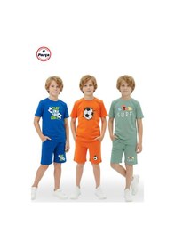 Resim Fyk Kids 3'lü Bisiklet Yaka Baskı Detaylı Renkli Kaprili Erkek Çocuk 6 Parça Alt Üst Takım Sax-turuncu-mint 