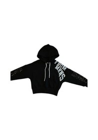 Resim Kız Çocuk Simli Yazılı Kolları Pul Detaylı Crop Sweatshirt-15040 Siyah 