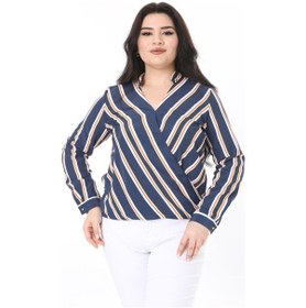 Resim Kadın Büyük Beden Bej Dokuma Viskon Kumaş Kapalı Anvelop Bluz 65n37614-lacivert Lacivert 