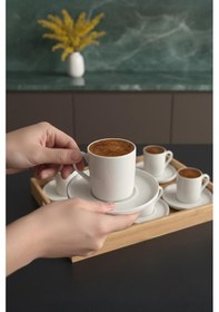 Resim Atbyhome Aden Bambu Tepsili 6 Kişilik Türk Kahvesi Fincan Takımı Seti Beyaz 