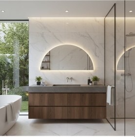 Resim 55x110 Cm Yarım Oval Led Banyo Aynası Dokunmatik Sensörlü, Dimmerli, 3000k Günışıklı Modern Duvar Aynası Sarı 