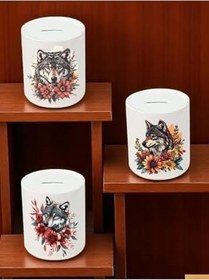 Resim Kurt ve Çiçek Deseni Baskılı 3'lü Seramik Kumbara 