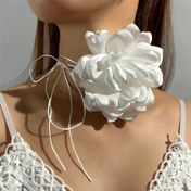 Resim El Yapımı Kumaş Beyaz Çiçek Gerdanlık - Minimalist Retro Şık Tasarım Yumuşak Kurdele Vurgularıyla, Günlük Kullanım & Partiler için Çok Yönlü, Yıl Boyu Kadın Moda Aksesuarı, Parti Aksesuarı, Vintage Estetik, Detaylı Çiçek İşçiliği 