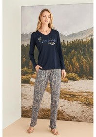 Resim Monamise Kadın Yaprak Desenli Romantic Life Pijama Takımı 23168-lacivert Lacivert 