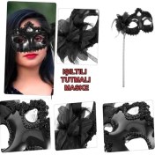 Resim Siyah Işıltılı Tutmalı Fotoğraf Çekimi Maskesi 