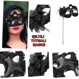 Resim Siyah Işıltılı Tutmalı Fotoğraf Çekimi Maskesi 