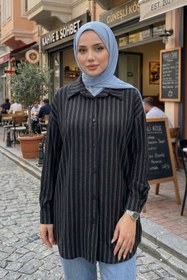 Resim adamila Kadın Kumaş Çizgili Tesettür Tunik Uzun Kollu Düğmeli Rahat Kalııp Günlük Ofis Yazlık Tesettür Tunik 