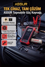 Resim 4'ü 1 Arada Dijital Göstergeli | Powerbank | Led Fener | Hava Kompresörü| Şarjlı Akü Takviye Cihazı 