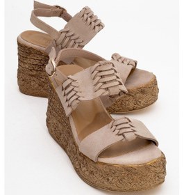 Resim Luvi Shoes Olien Bej Süet Hakiki Deri Kadın Dolgu Topuklu Sandalet Süet Bej 