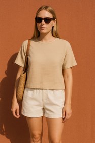 Resim Çift Katlı Müslin T-Shirt - Bej / S-M 