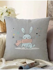Resim RealHomes Çift Taraflı Gri Zeminde Atkılı Tavşan Motifli Bebek Odası Raşel Örme Yastık Kırlent Kılıfı, Sonil-K4425-43x43cm 