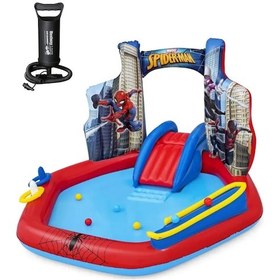 Resim 62002 Pompalı-bestway 98793 Spiderman Temalı Kaydıraklı Fıskiyeli Aquapark Şişme Eğlence Havuzu, 211x206x127cm Mavi 