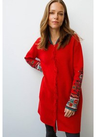 Resim Kadın Kapüşonlu Kilim Jakarlı Püsküllü Yün Kaban Mercan Mercan 