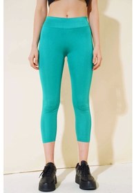 Resim Esnek Yüksek Bel Yeşil Uzun Parlak Disco Tayt Yeşil 