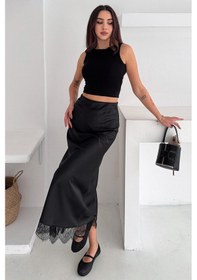 Resim Kadın Dantel Detaylı Saten Uzun Etek Elegant Touch Siyah 