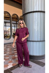 Resim Genel Markalar EQURİ Kadın Kısa Kollu Bisiklet Yaka Omuzdan Düğmeli Viskon Iki Iplik Kısa Bluz Ve Pantolon Ikili Ta 