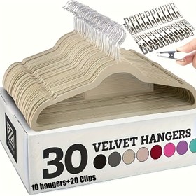 Resim 30 adet Pratik Depolama Kadife Askı Seti, 10 adet Askı ve 20 adet Paslanmaz Çelik Klipsi dahil, Sağlam ve Dayanıklı Kadife Askılar, Kamp Seyahat Depolama Aksesuarları 