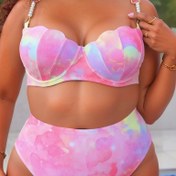 Resim Geniş Beden Bulanık Baskılı Bikini Takımı, Kabuk Çanta ve İnci Aksesuarlı Omuz Askılı Kadın Mayo İki Parça 