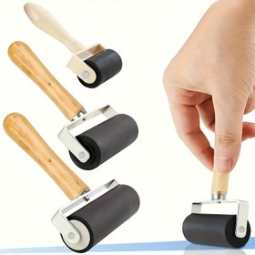 Resim 3 adet Premium Kork Kauçuk Brayer Rulo Seti, Ahşap Tutacaklarla Pürüzsüz Uygulama, Baskı ve Davul Silme için 